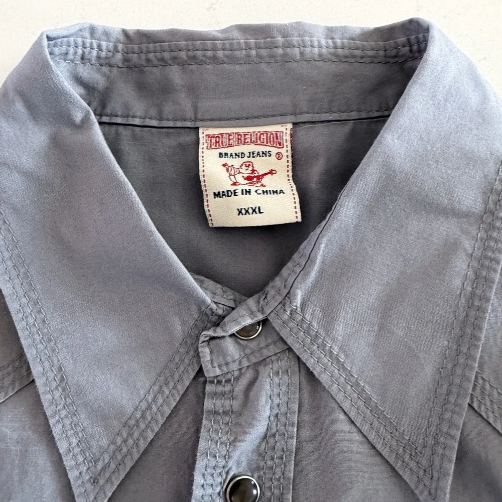 True Religion Western Men's Shirt XXXL Gray‎ Pearl Snap Cowboy Rodeo Cotton